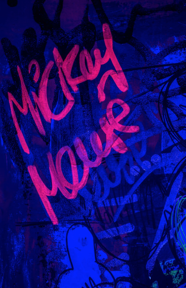 Mickey Mouse Street Art tag in pink, green and black