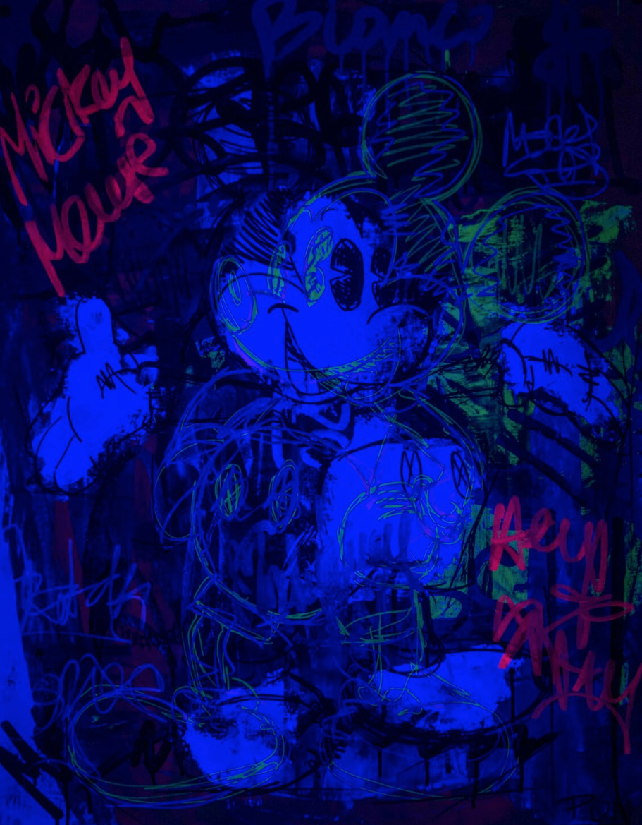 Mickey Mouse Street Art tag in pink, green and black